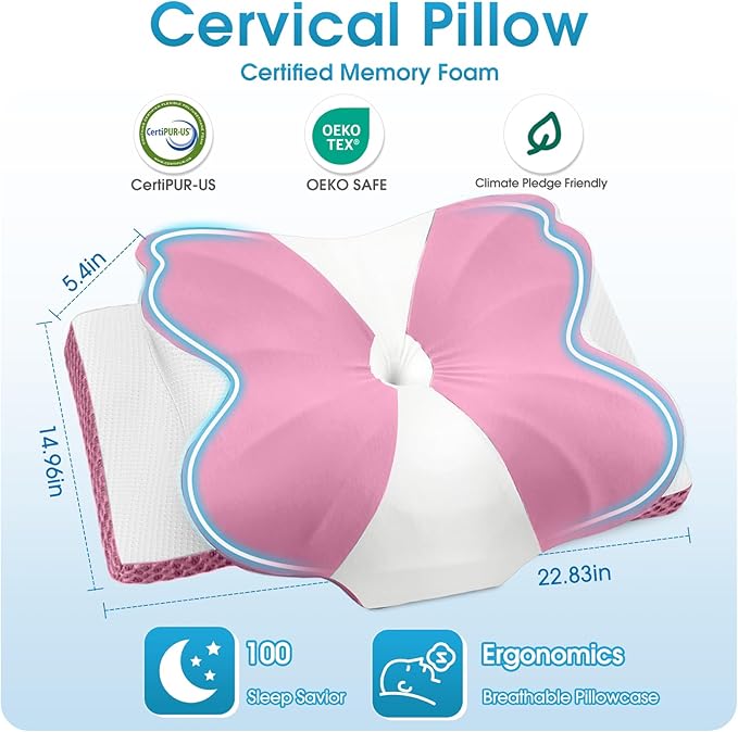 CloudBliss Cervical Memory Foam Pillow for Neck and Shoulder, Contour Neck Support Pillow with Cooling Case, Ergonomic Bed Pillow, Support for Side Back Stomach Sleepers (Pink, Standard Size)