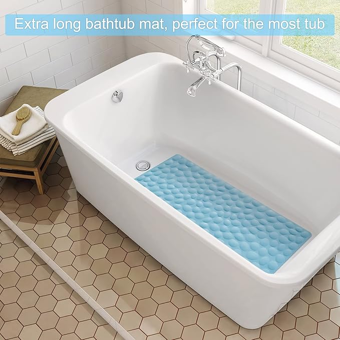 Non-Slip Bathtub Mat OTHWAY Soft Rubber Bathroom Bathmat with Strong Suction Cups (Lake Blue, 16x40 inch)