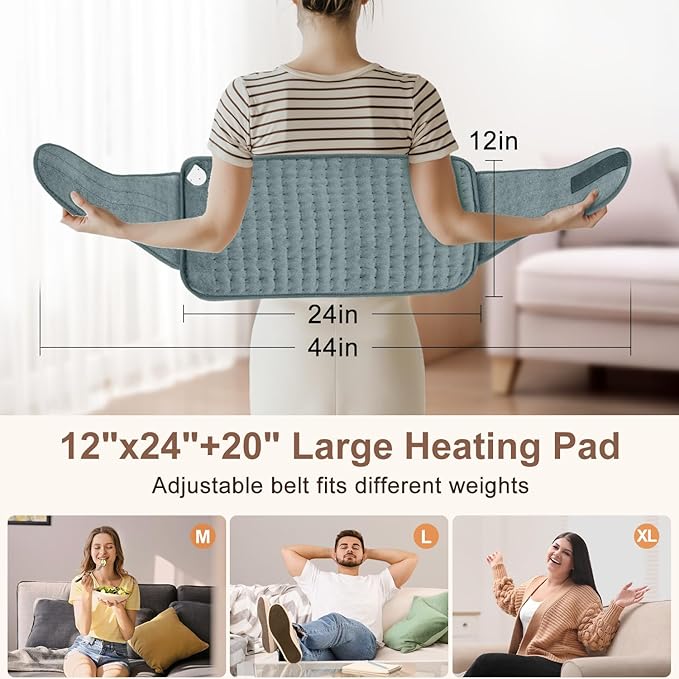 IGXHAVIZ Heating Pad for Back Pain Relief, Electric Heating Pad for Period Cramps Neck Shoulders with Belt, 4 Timer 6 Heat Setting & Auto Shut Off, 12"x24"+20" Large Moist Heat Pad for Mom,Dad