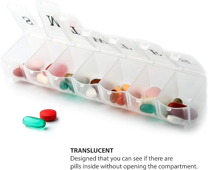 Deke Home - Weekly Pill Organizer, 7 Day Pill Box with Large Compartments & Snap-Shut Lids, Easy Open, BPA Free Plastic Medicine Organizer for Pills, Vitamins & Supplements, Travel Friendly