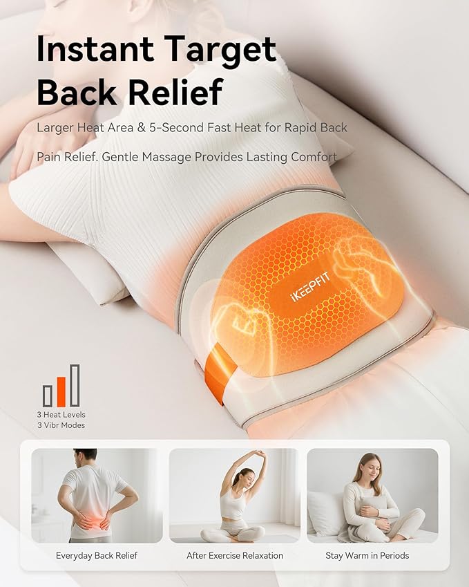 IKEEPFIT Portable Heating Pad for Back, Cordless Wearable Heat Belt with Massager for Lower Back Pain Relief, Battery Powered 8000 mAh Rechargeable, MAXwarm® 3.0, Gift for Women Men 90-310 lbs