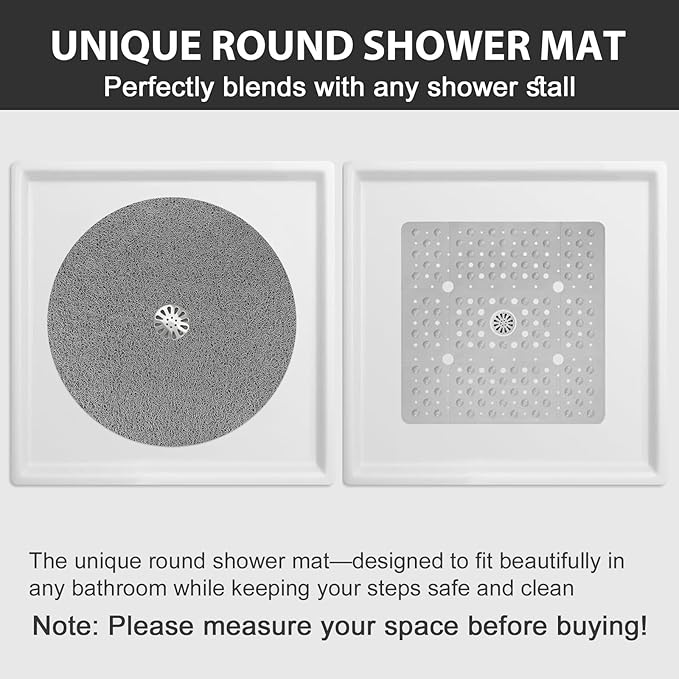Non Slip Shower Mat: 24x24 inch Round Shower Mats for Inside Shower with Central Drain Hole, Soft Loofah Shower Floor Mat for Standing Shower Stall, RV, Tile Fiberglass Shower Pan, Quick Dry