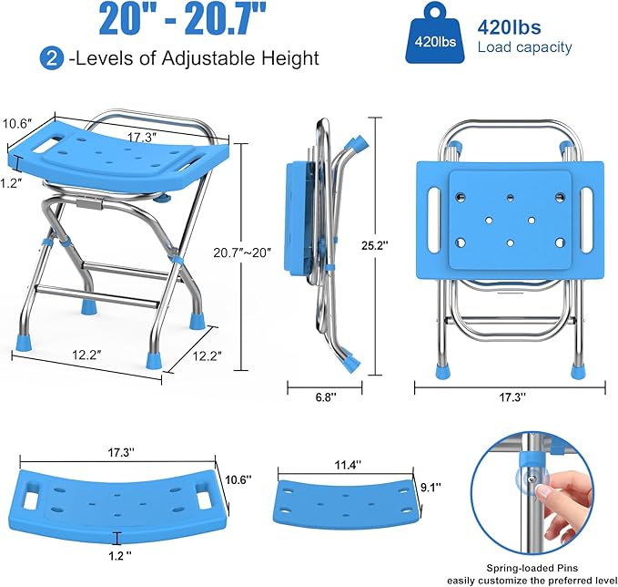 Height Adjustable Folding Shower Chair Seat, Stainless Steel Shower Chair for Inside Shower w/Crossbar, 420LB Portable Travel Shower Stool, Safety Anti-slip Bath Chair for Seniors, Adults,Blue