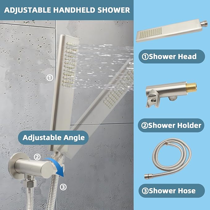 Solid Brass Handheld Shower Head Arc Design High Pressure Brushed Nickel Hand Shower Wand with Adjustable Supply Elbow Wall Connector Shower Holder and 59″ Stainless Steel Hose Set