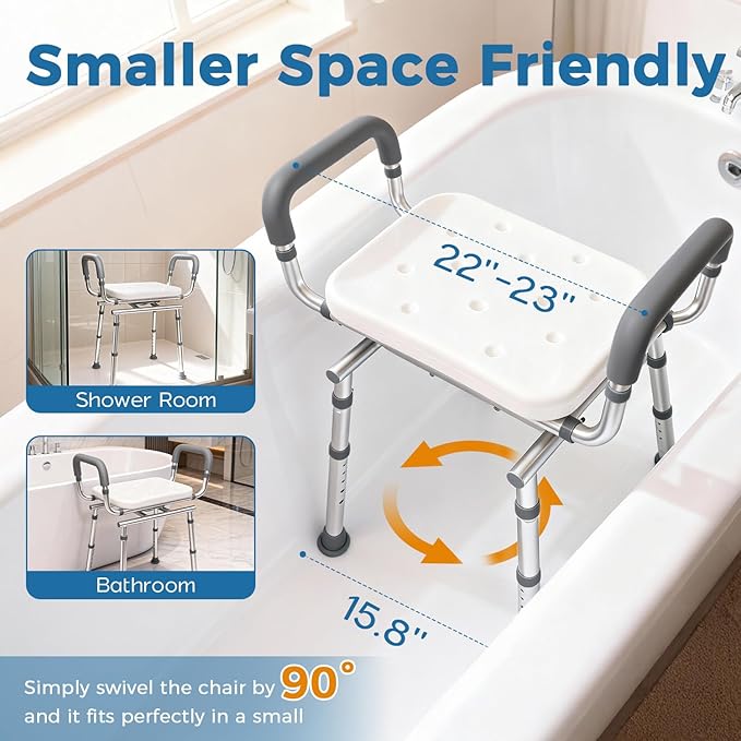 Swivel Shower Chair with Arms, Heavy Duty Shower Seat for Inside Shower Stall & Bathtub, Height Adjustable Safety Bath Seat for Elderly, Handicap, Disabled & Adults