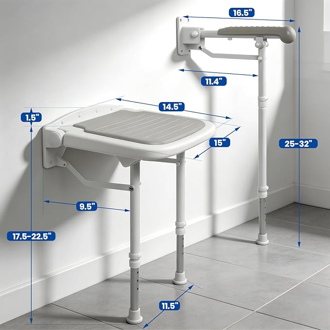Folding Shower Seat with Adjustable PU Grab Bar, 550lbs Heavy Duty Fold Down Bath Bench with Legs, Non-Slip Comfort Grip and Removable Cushion, Wall Mounted Chairs for Seniors