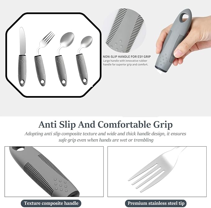 4Pcs Weighted Adaptive Utensils 42° Angled Parkinsons Utensils, Weighted Utensils for Hand Tremors and Parkinsons Patients, Arthritis Silverware for Elderly & Seniors (Left-Hand-Grey)