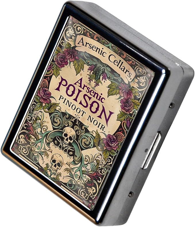 Metal Pill Organizer Box with Mirror – 8 Compartment Chrome Pill Case, Pocket-Size Travel Pill Container for Vitamins, Seniors, Daily Use (Poison Pinot Noir Skull Art)