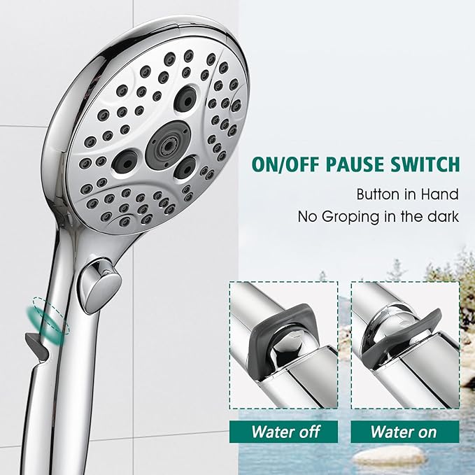 Handheld Shower Head with Slide Bar Combo, 6 Settings Handheld Shower with ON/OFF Pause Switch, Adjustable Height 27.5" Long Slide Bar, Round Wall Supply Elbow and 6.6ft Shower Hose, Chrome