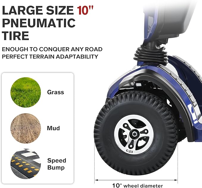 S500 4-Wheel Electric Mobility Scooter, Long-Range 52Ah Battery Up to 25 Miles, 500W Heavy-Duty Motor, 10” Pneumatic Tires, Adjustable Captain Seat, Storage Baskets for Seniors, Blue