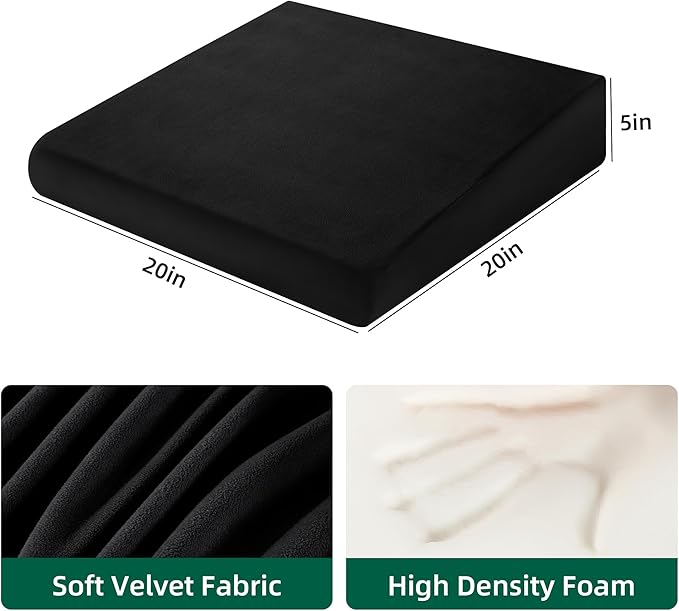 HOMBYS Wedge Recliner Seat Cushion for Long Sitting Chair, Cushion for Elderly Esay to Get Up,5" Thick 20"x20" Large Pressure Relief Seat Cushion for Recliner, Office, Car, Velvet & Foam, Black