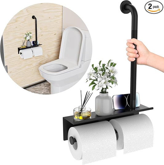 Bathroom Grab Bar with Shower Shelves,Munzong Black Toilet Paper Holder 3 in 1 Bathroom Organizers and Storage, Anti Slip Stainless Steel Safety Hand Rail for Handicap Elderly Senior Assist