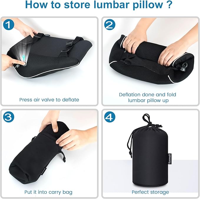 Keemall Lumbar Pillow Back Cushion Inflatable - Lumbar Support for Back Rest Office Chair Car Seat Travel and Home Ergonomic Design Lower Back Pain Relief (Black)