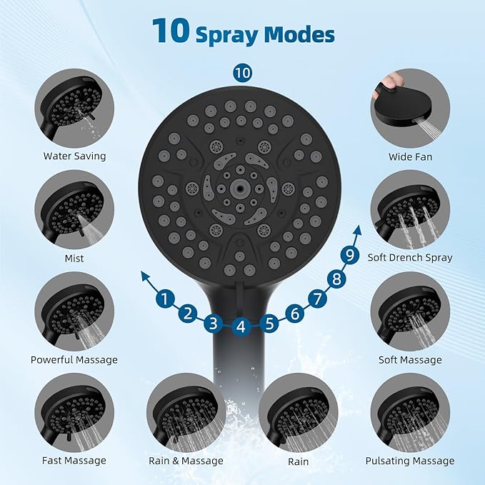 Hibbent All Metal cUPC Certified Shower Head, 12'' High Pressure Rain Shower Head, Handheld Showerhead Combo with 16'' Adjustable Extension Arm, 10 Sprays, 71'' Hose, Showerhead Holder, Matte Black