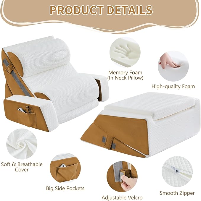 Yojoker 9PCS Orthopedic Bed Wedge Pillow Set for Sleeping, Back and Leg Pain Relief, Post Surgery Foam Pillow for Body, Triangle Adjustable Support Pillow - Acid Reflux Sleeping Pillows Brown