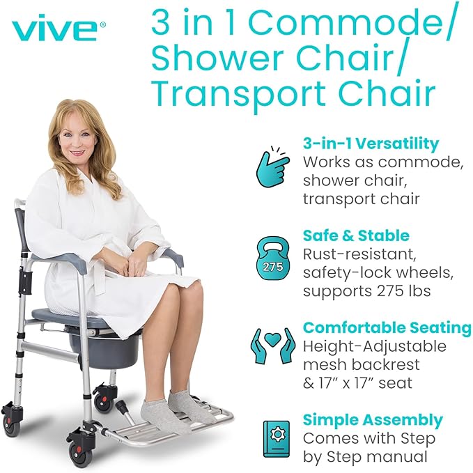 Vive Commode Shower Chair with Wheels - 3-in-1 Bathroom & Bedside Wheelchair for Seniors, Adults, Elderly, Disabled, Handicap - Rolling Toilet Transfer Seat w/Arms, Footrest, & Removable Bucket