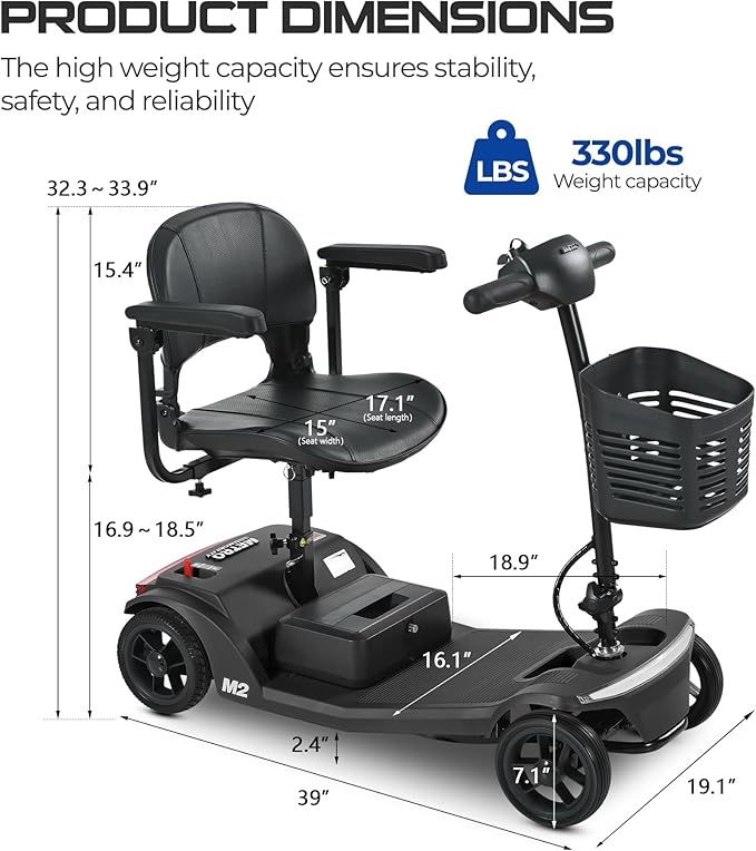 Mobility Scooter for Seniors and Adults M2 Black,15 Miles Long Range Foldable Electric Scooter, 260W Motor Power, 330 LBS Heavy Duty Capacity, Portable and Lightweight for Travel