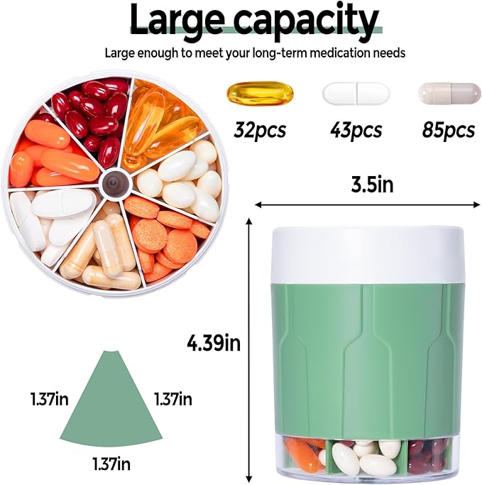 Betife Extra Large Supplement Organizer,Weekly Pill Organizer Bottle, Daily Pill Dispenser with 7 Large Compartments, Organizer to Hold 7 Day Vitamin Medication,21 Labels and a Cleaning Brush（Green）