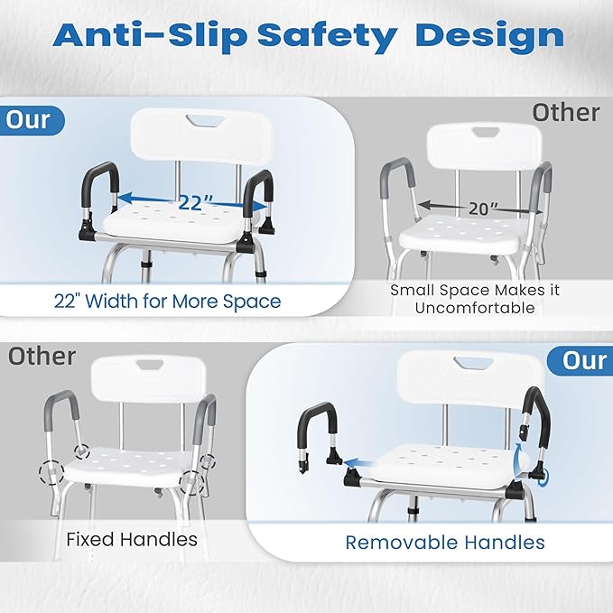 Swivel Shower Chair, 360° Rotating Adjustable Shower Seat with Pivoting Arms & Padded Seat, Heavy Duty 400 lbs Bath Chair for Elderly and Disabled in Shower Stall & Bathtub