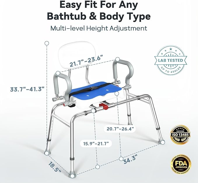 Sliding Shower Chair with Swivel Seat for Tub – 450lbs Bariatric 360° Rotating Bathtub Transfer Bench Inside Shower, Adjustable Height & Width Bath Chairs for Adults Seniors Elderly and Disabled