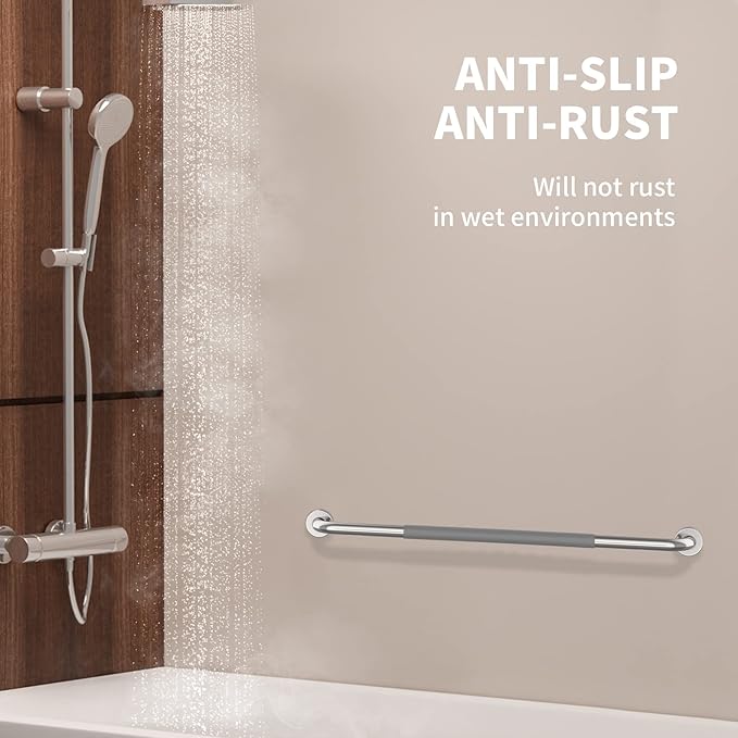32 Inch Shower Grab Bar 2 Pack, Munzong Chrome Stainless Steel Bathroom Grab Bar w/Anti Slip Gray Rubber Grip, Bathroom Balance Bar,Safety Handrail Support,Handicap Elderly Senior Assist Bath Handle