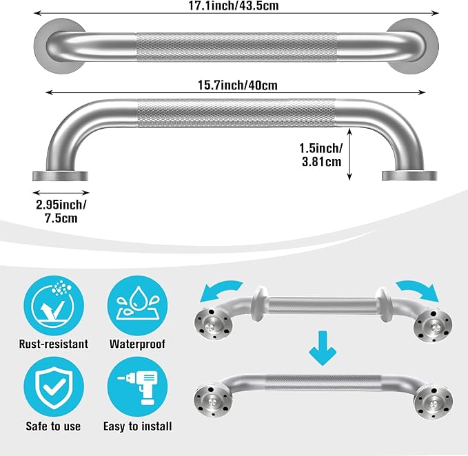 16 Inch Shower Grab Bars for Seniors, 2 Pack Brushed Nickel Stainless Steel ADA Grab Bars with 1.25'' Diameter Anti-Slip Textured Surface, Shower Safety Hand Rails for Elderly Handicapped