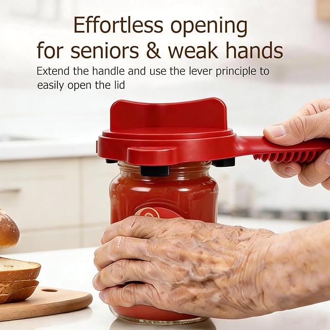 4-in-1 Jar Opener, Adjustable Jar Opener for Seniors, Kitchen Tool Designed Specifically for Seniors and Those with Limited Physical Strength, Suitable For Beer, Salad Dressing, Jar (Red)