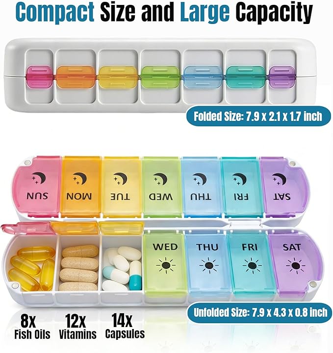 Weekly Pill Organizer 2 Times a Day, Magnetic Foldable AM PM Pill Box with Dual Protection, Large Travel Medication Case for Vitamins, Fish Oils, Supplements (Rainbow Color)