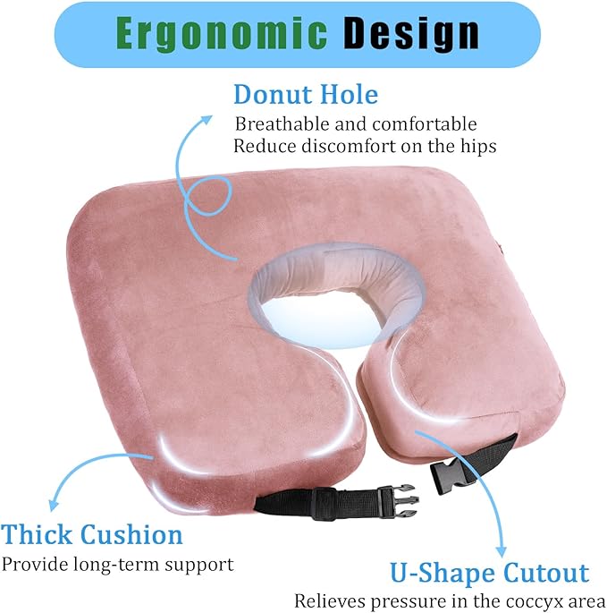Wheelchair Cushions for Seniors Tailbone Pain Relief, Seat Cushions for Pressure Sores Bedsores, Long Sitting Donut Pillow for Sciatica Pressure Relief (Pink)