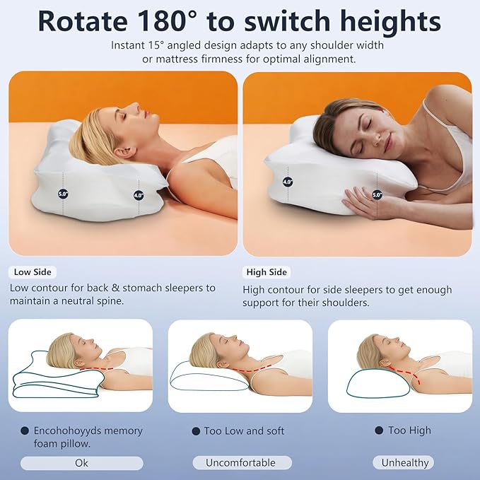 Cervical Pillow for Neck Pain Relief: Ergonomic Orthopedic Memory Foam Pillow for Adults Seniors - Dual Heights for Back Narrow Shoulder Side Sleepers with Cooling Breathable Washable Cover