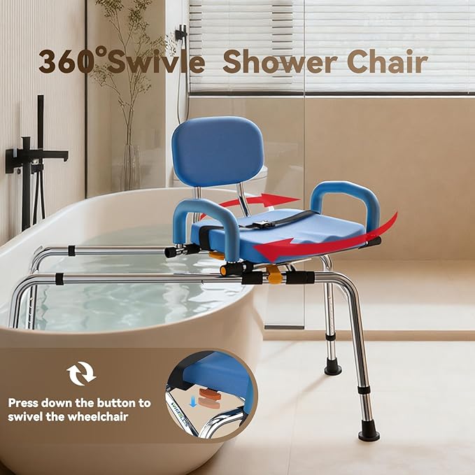 Sliding Shower Chair with Swivel Seat for Tub – 450lbs Bariatric 360° Rotating Bathtub Transfer Bench Inside Shower, Adjustable Height & Width Bath Chairs for Adults Seniors Elderly and Disabled