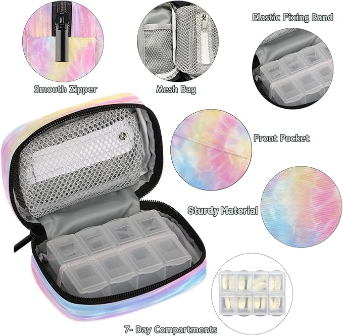 Weekly Travel Pill Organizer Case for Purse with Removable 7 Day Box Portable Compact Size Pill Box Fashionable Pill Container for Medicine Vitamin Supplement Tie Dye Pink Cute
