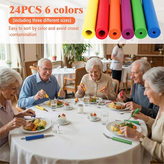 Sivak 24 Pcs Foam Grip Tubing - 3 Sizes Adaptive Built up Grip Aid for Utensils Pens Toothbrushes Forks Spoons Comfort Foam Handle Tubing for Elderly Disabled Arthritic Handicapped, Multicolor 8 Inch