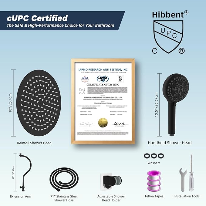 Hibbent All Metal CUPC Certified Shower Head, 10'' High Pressure Rainfall Shower Head, Handheld Showerhead Combo with 12'' Adjustable Extension Arm, 10-Spray, 71'' Hose, Shower Holder, Matte Black