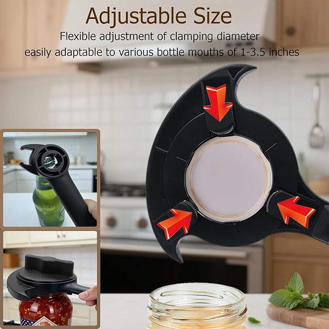 5-in-1 Jar Opener for Seniors,Adjustable Jar Opener with Magnetic Hook and Rubber Jar Openers—A Kitchen Tool Designed Specifically for Seniors and Those with Weak Hands or Arthritis(Black)