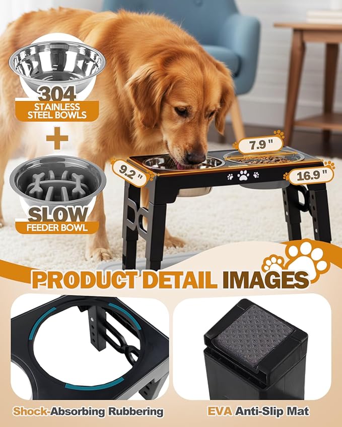 Jovrun Elevated Dog Bowls for Medium Size Dogs with Mat, Non-Slip Dog Feeder with 1*Stainless Steel Dishes & 1*Slow Feeder Bowl, 5 Heights Adjustable Raised Bowls for 3.15″-8.66″-9.84″-11.02″-12.2″