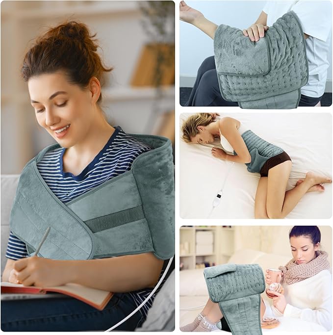Heating Pad Back Pain Relief Electric Heating Pad for Period Cramps Lower Back Neck Shoulders Pain Relief 6-Hour Auto Off 12x24 Heated Pad + 20" Belt 4 Timer 6 Heat Level Wrap (Gray)
