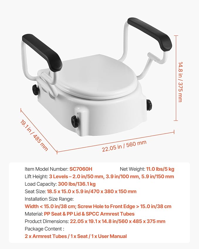 VEVOR Raised Toilet Seat with Arms, 300 lbs Load Capacity, 3-Level Adjustable Height, Widened Commode Elevated Toilet Seat Riser with Padded Handles for Seniors, Elderly, Handicap, Disabled, Adults