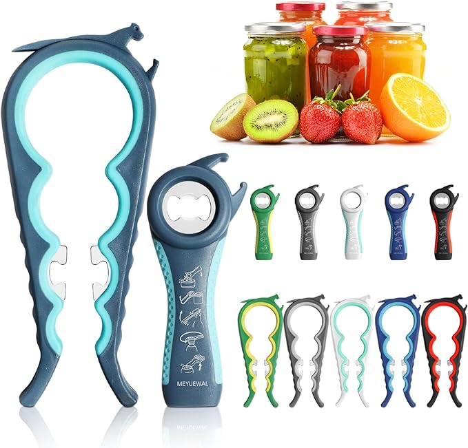 Jar Opener, 6 In 1 Bottle Opener Can Opener for Weak Hands, Jar Openers for Seniors with Arthritis, Multifunctional Lid Opener Kit, Easy Jar Opener Tool for Elderly Adults Kids (Blue)