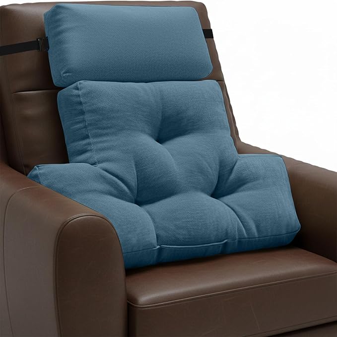 Neck Pillow Lumbar Support for Recliner, Soft and Fluffy Back Support Cushion for Chair with Adjustable Headrest Pillow, Back Rest Pillow for Office Chairs, Recliners, Sofa, Couch Pain Relief Blue