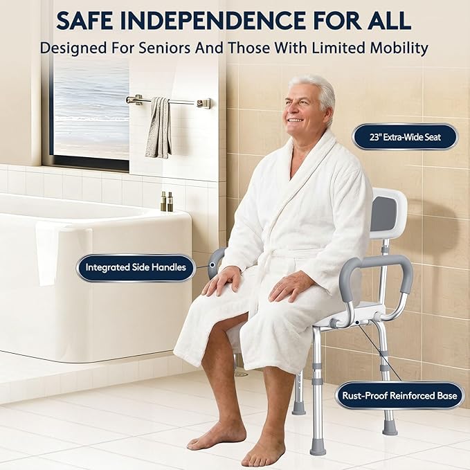 UNILEAF Shower Chair for Shower Stall with Arms and Back, Height Adjustable 16"-20", 450 lb Capacity, Non-Slip Feet, Tool-Free Push-Button Assembly