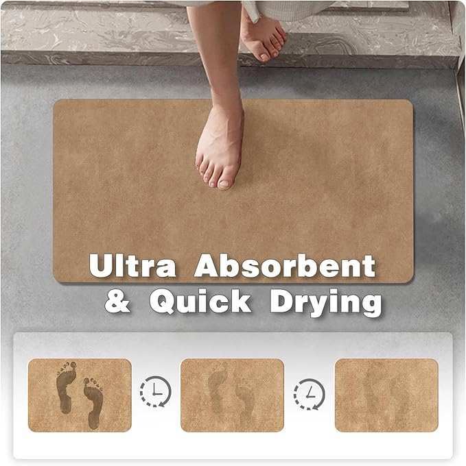TYUU Bathroom Mat Quick Dry, Bathroom Rugs Non Slip Washable Thin Absorbent Bath Mat Fits Under Door Bathroom Floor Mat Perfect for Bath, Shower, or Sink 24"x60" Camel