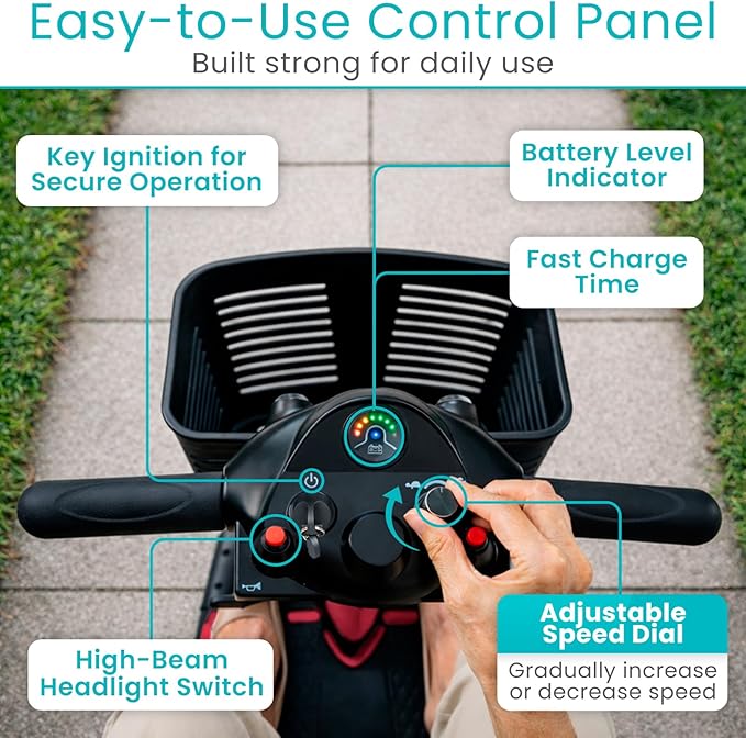 Vive 4 Wheel Mobility Scooter - Electric Powered Wheelchair Device - Compact Heavy Duty Mobile for Travel, Adults, Elderly (Red Fire)