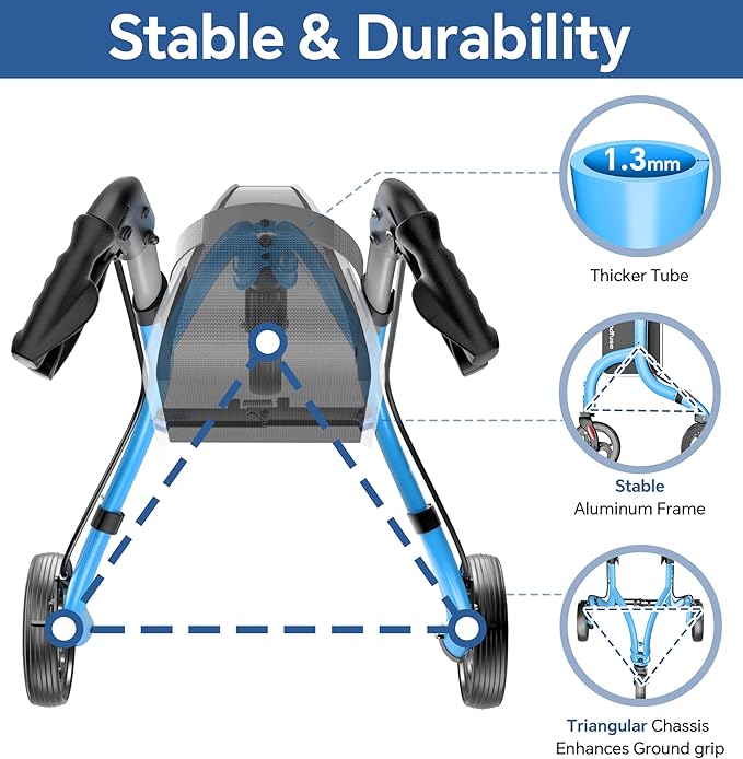 SOUNDFUSE 3 Wheel Walkers for Seniors, Lightweight Foldable Aluminum Rollator Walker, Height Adjustable Three Wheel Walker, Blue