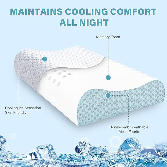 Cooling Pillows Queen Size Set of 2, Memory Foam Bed Pillows for Sleeping, Ergonomic Cervical Pillow for Neck and Shoulder Pain Relief, with Pillowcase,2 Pack