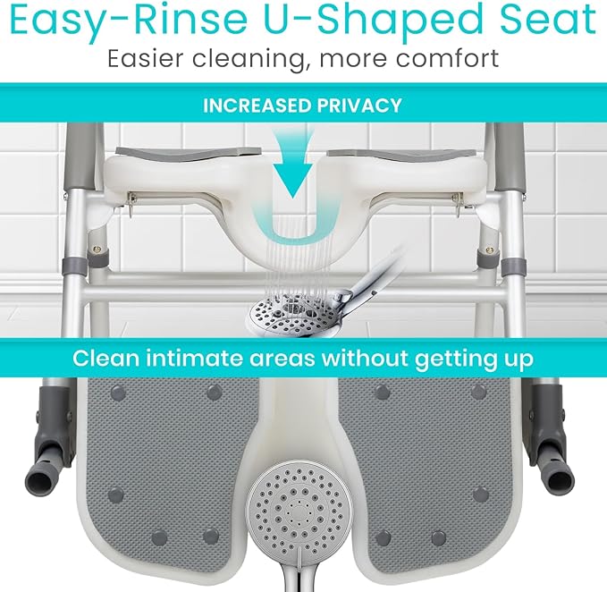 Vive Shower Chair for Elderly & Disabled - Handicap Bath Chair with Arms & U-Shape - Foldable, Adjustable Height - Padded Soaking w/Back & Drain Hole - Portable, Non-Slip, Safe Disability Aid
