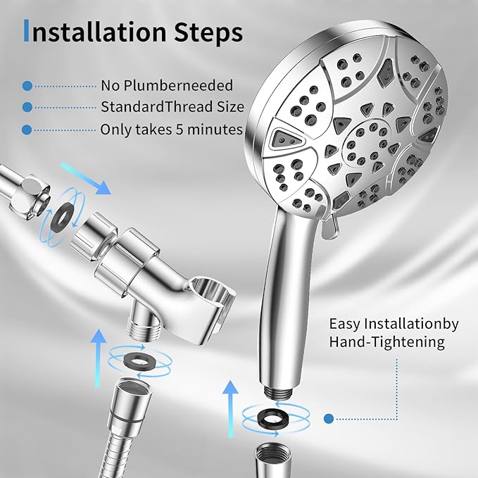 High Pressure 8-mode Handheld Shower Head with 5 ft Stainless Steel Hose and Adjustable Bracket, Built-in Power Wash to Clean Tub, Clean Corner,Tile & Pets