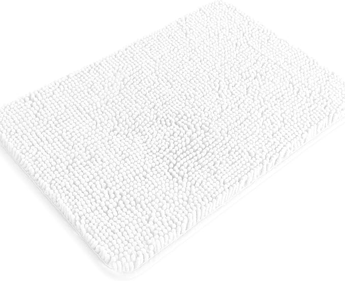 White Bathroom Rugs – Absorbent and Washable Bath Mat, Non-Slip, Thick Soft Chenille Bath Rugs for Bathroom Floor, Shower, Sink - 17" x 24"