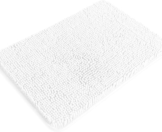 White Bathroom Rugs – Absorbent and Washable Bath Mat, Non-Slip, Thick Soft Chenille Bath Rugs for Bathroom Floor, Shower, Sink - 17" x 24"