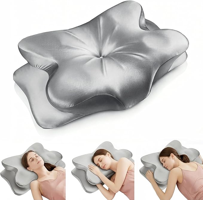 Cervical Neck Pillow for Neck Pain Relief,Ergonomic Memory Foam Contour Pillow with Wrinkle-Resistant Silky Satin Fabric Cover,Orthopedic Bed Pillow for Side,Back,Stomach Sleepers,Gray